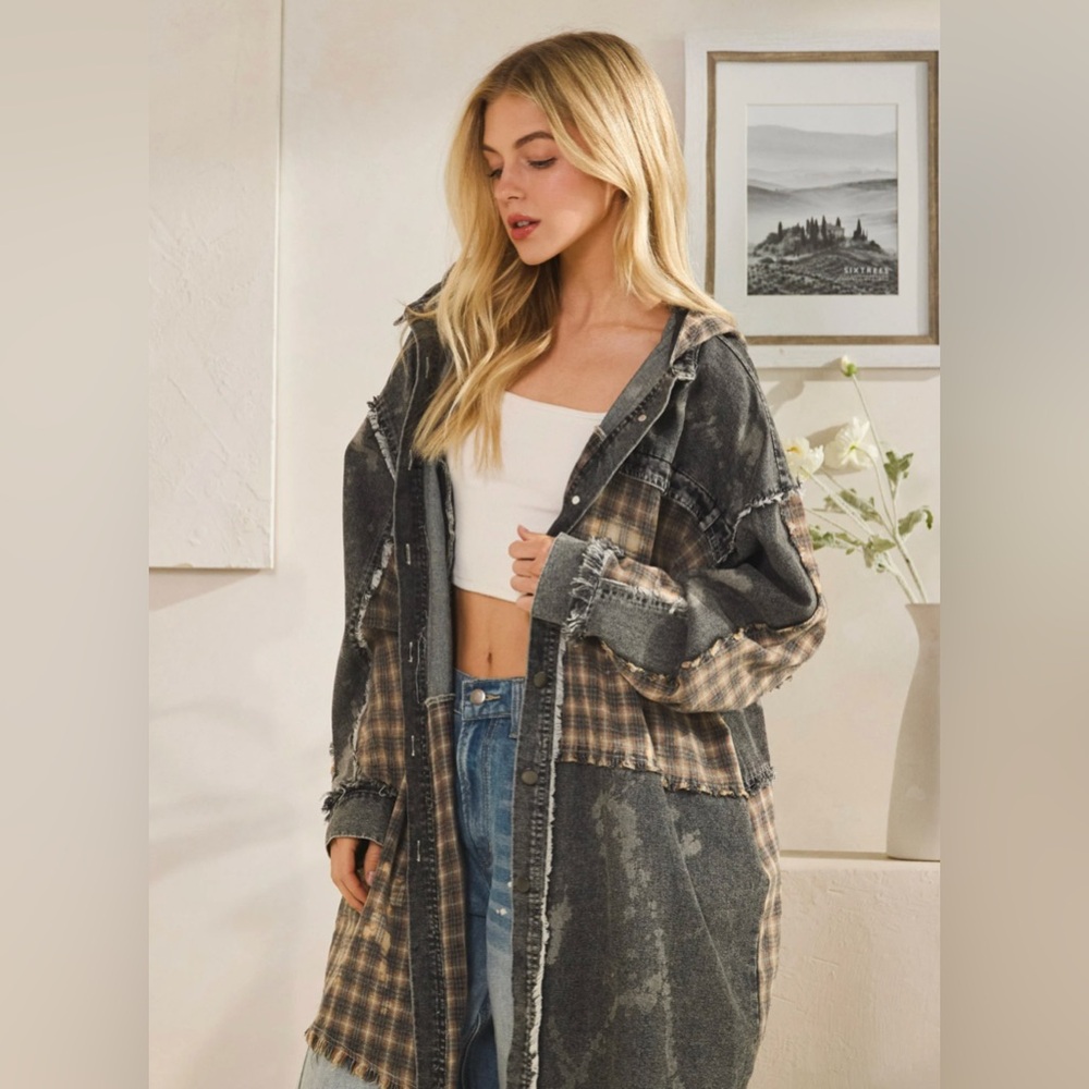 Oli & Hali Washed Bleached Denim Plaid Button Front Shacket